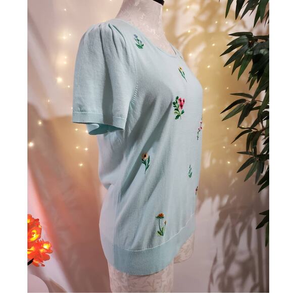 Talbots Embroidered Floral Cottage Short Sleeve Sweater Top Womens Size L Petite - Picture 4 of 10